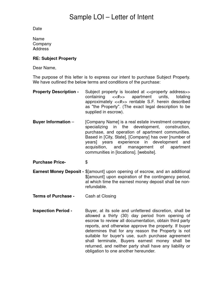 Sample Letter of Intent LOI  PDF  Common Law  Private Law Regarding Letter Of Intent For Real Estate Purchase Template