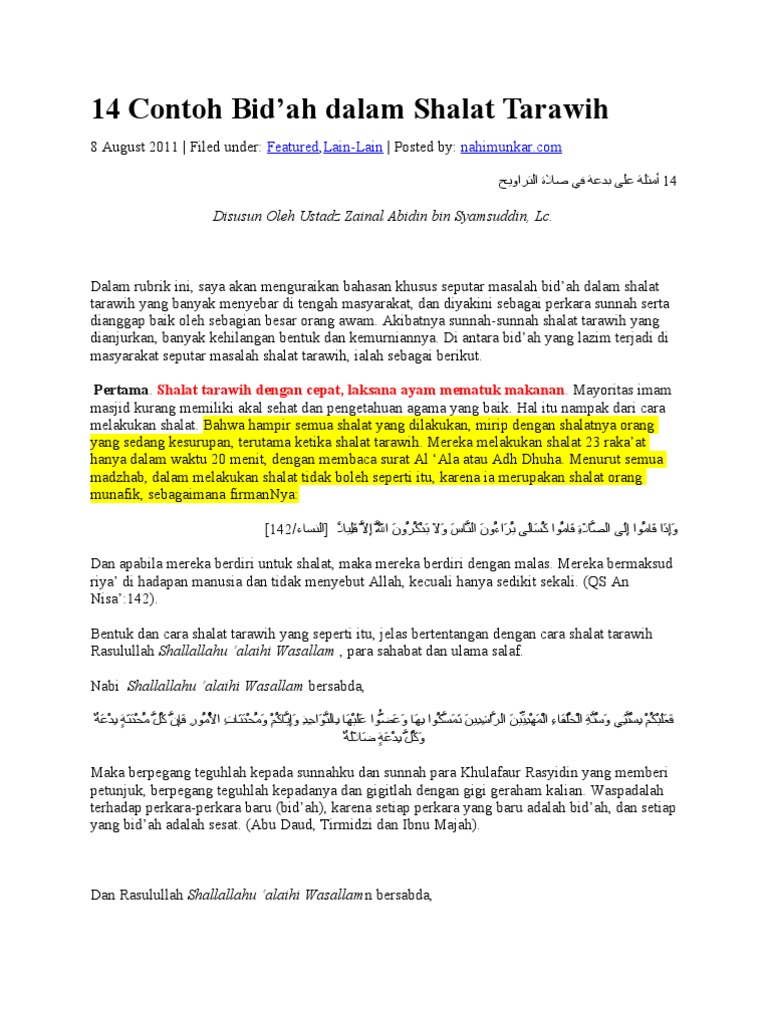 14 Contoh Bid Ah Dalam Shalat Tarawih Pdf