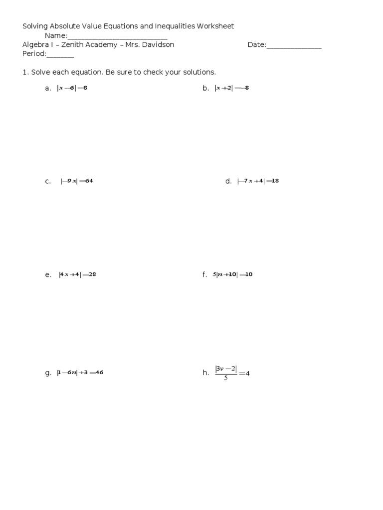Solving Absolute  Value Equations and Inequalities WS  PDF Pertaining To Absolute Value  Equations Worksheet