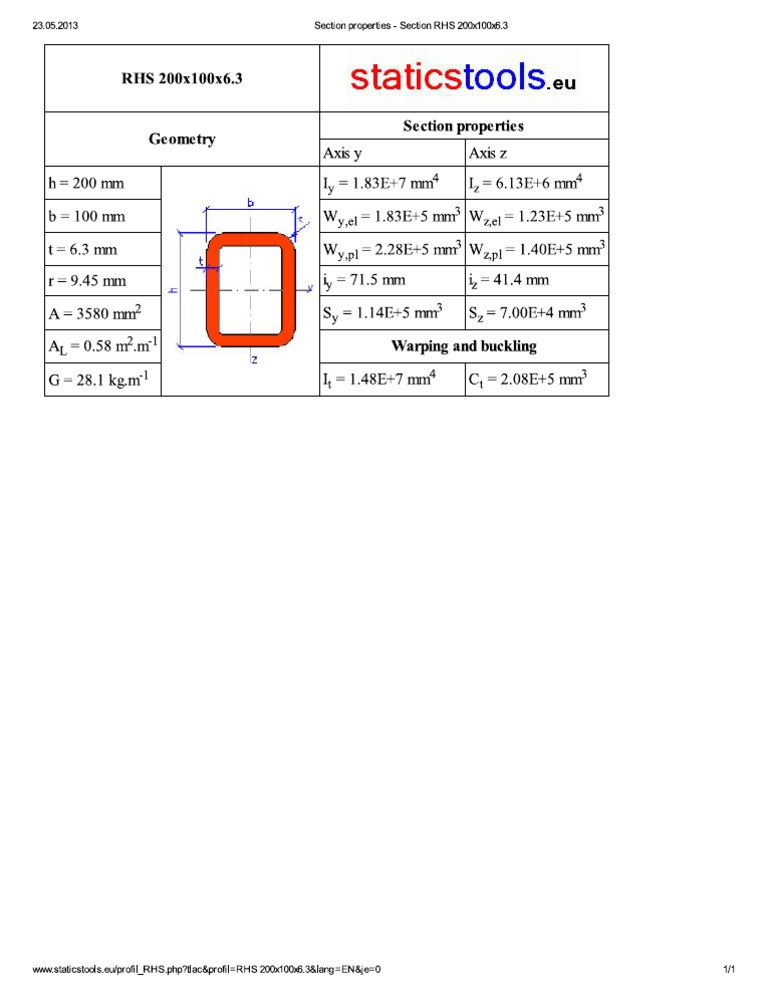 Section Properties - Section RHS 200x100x6 | PDF