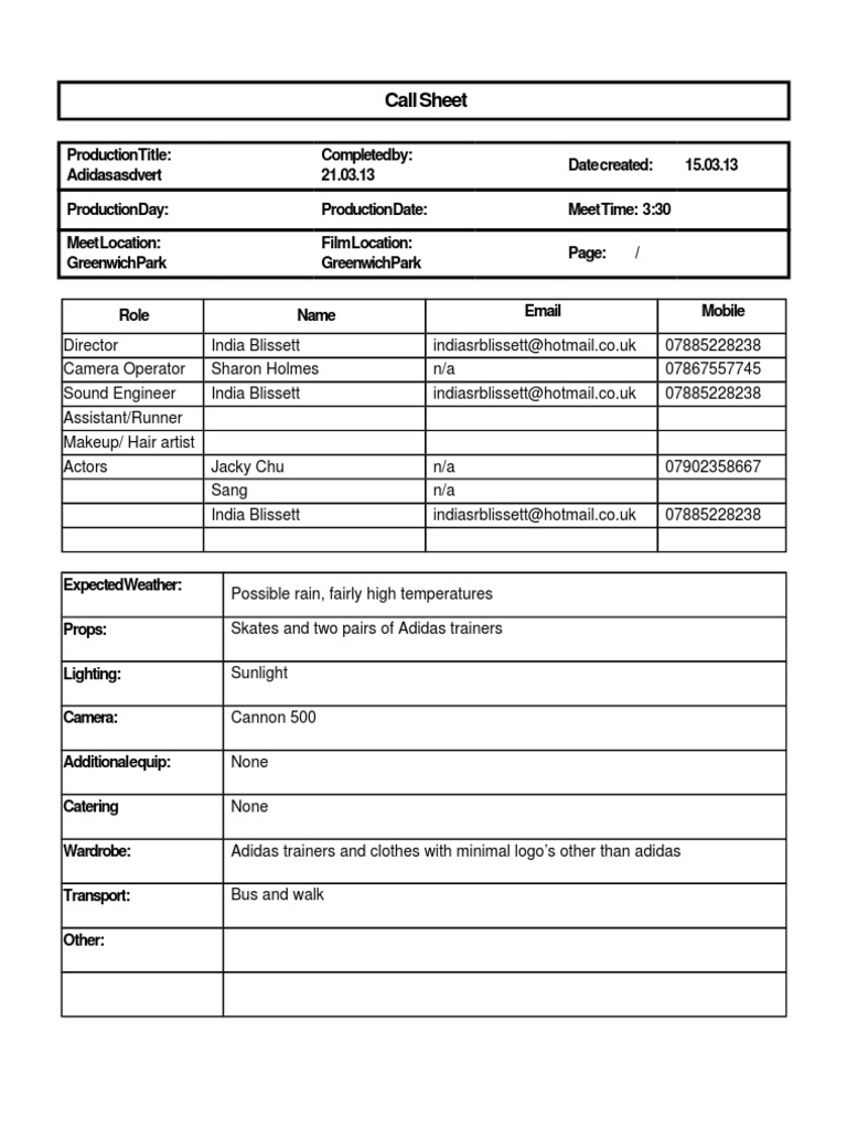 Adidas Production Call Sheet | PDF | Business | Games & Activities