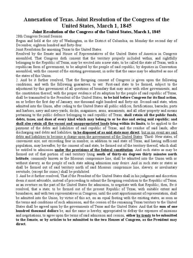 Annexation of TexasJoint Resolution March 1, 1845 U.S. State