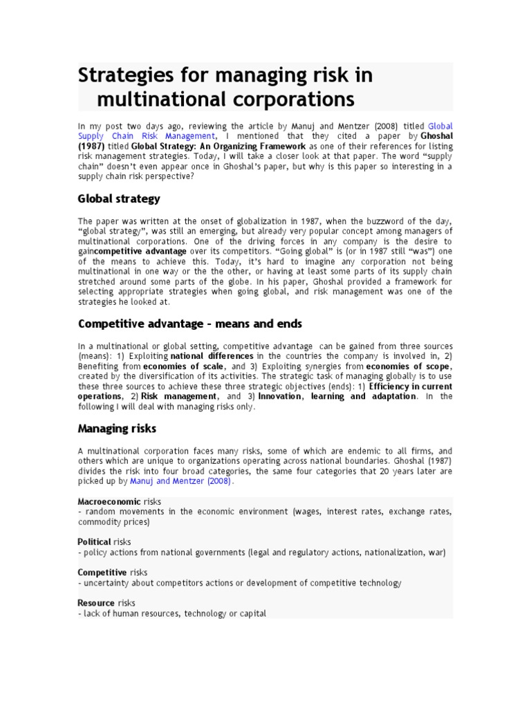 Risk Management Strategies for Multinationals | PDF | Strategic ...