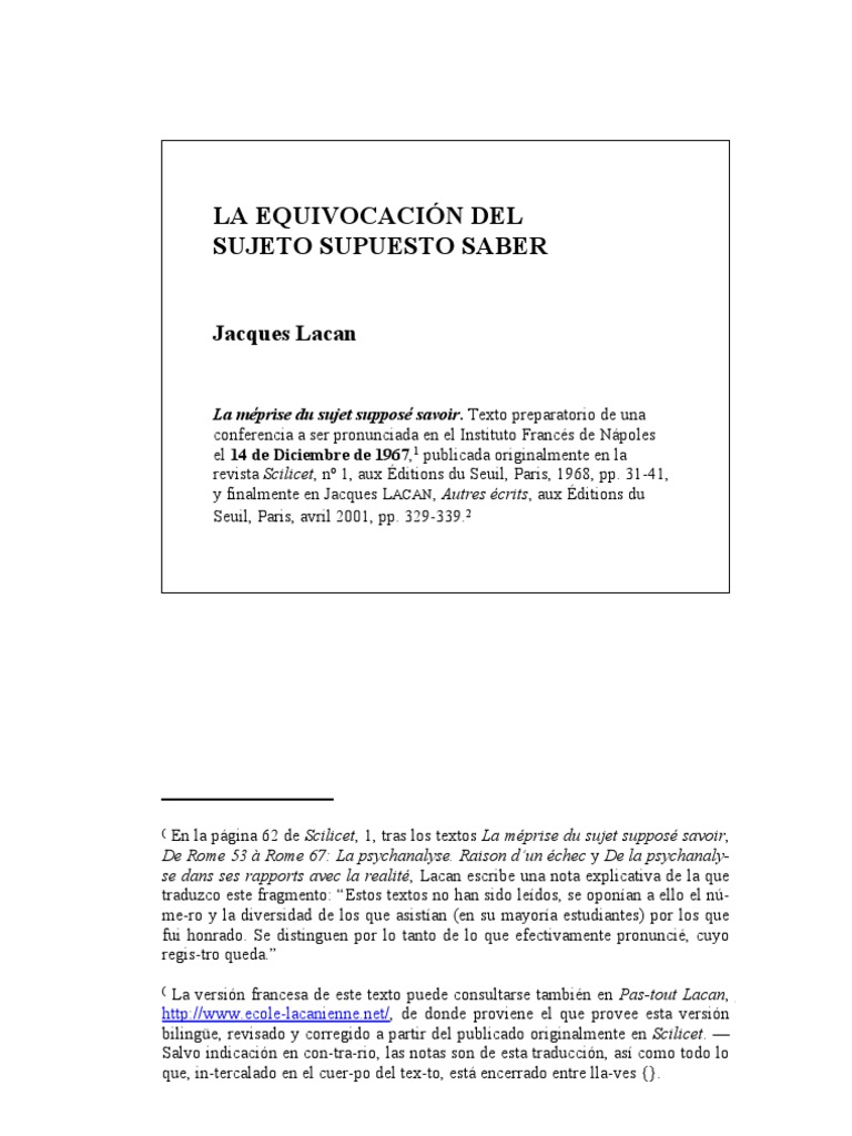Jacques Lacan - La Equivocación Del Sujeto Supuesto Saber | PDF ...