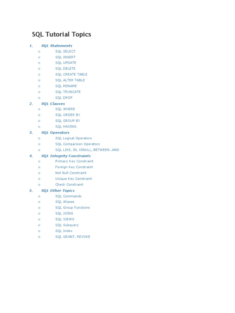 SQL Tutorial Topics | PDF | Sql | Relational Database