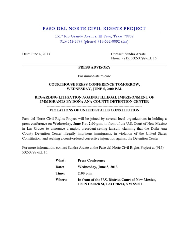Press Advisory Dona Ana County Detention Center in Violation of United