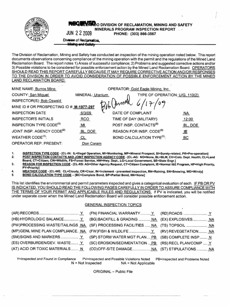 Burros Mine Inspection Report 2009 | PDF | Mining | Road