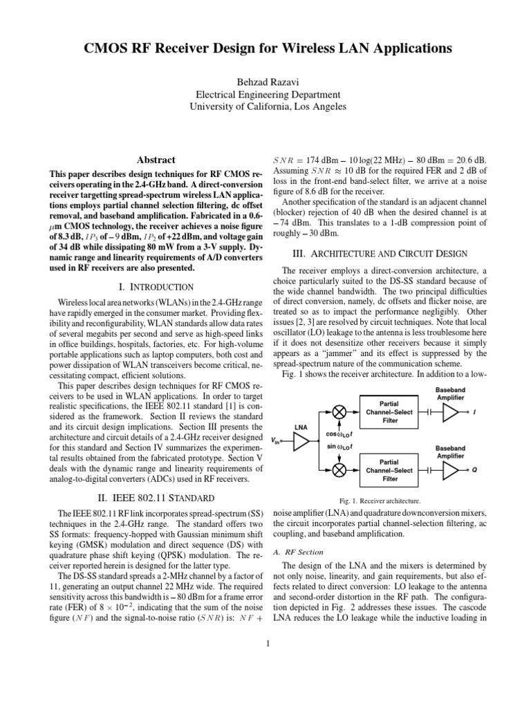CMOS RF Receiver Design For Wireless LAN Applications | PDF