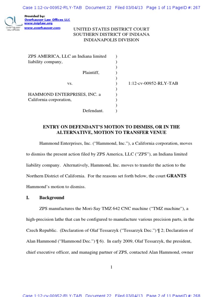 Entry ZPS America V Hammond Enterprises PDF Declaratory Judgment