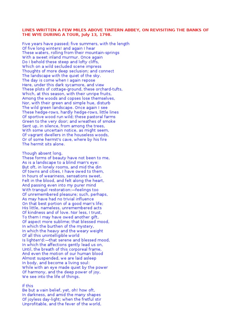 Lines Written A Few Miles Above Tintern Abbey, On Revisiting The Banks of The Wye During A Tour