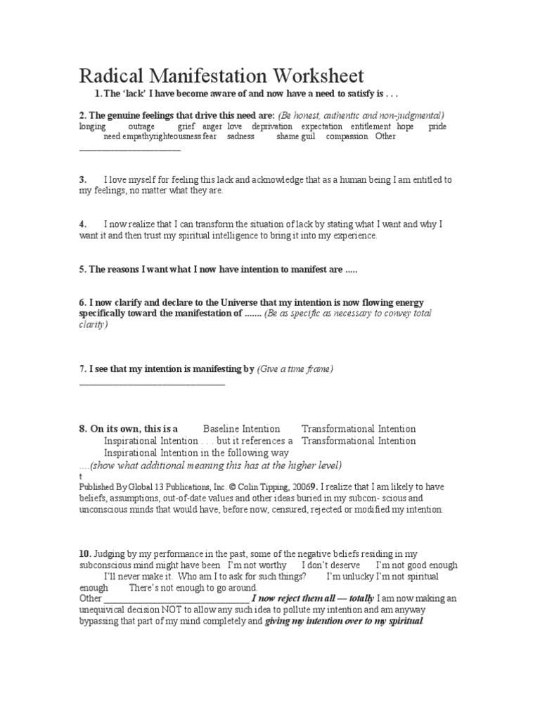 Radical Manifestation Worksheet | Intention | Mind