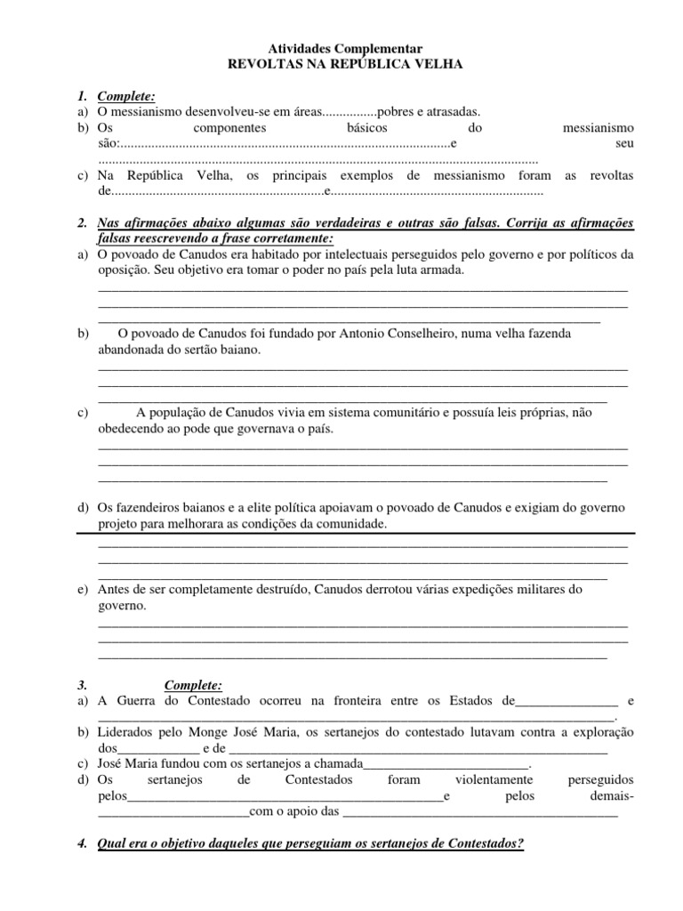 Revoltas na república Velha Atividade Complementar | Messianismo