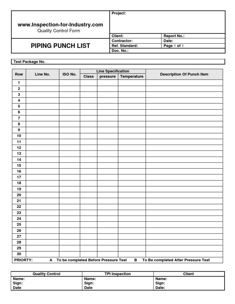 Piping Punch List Quality Control and Inspection Form PDF