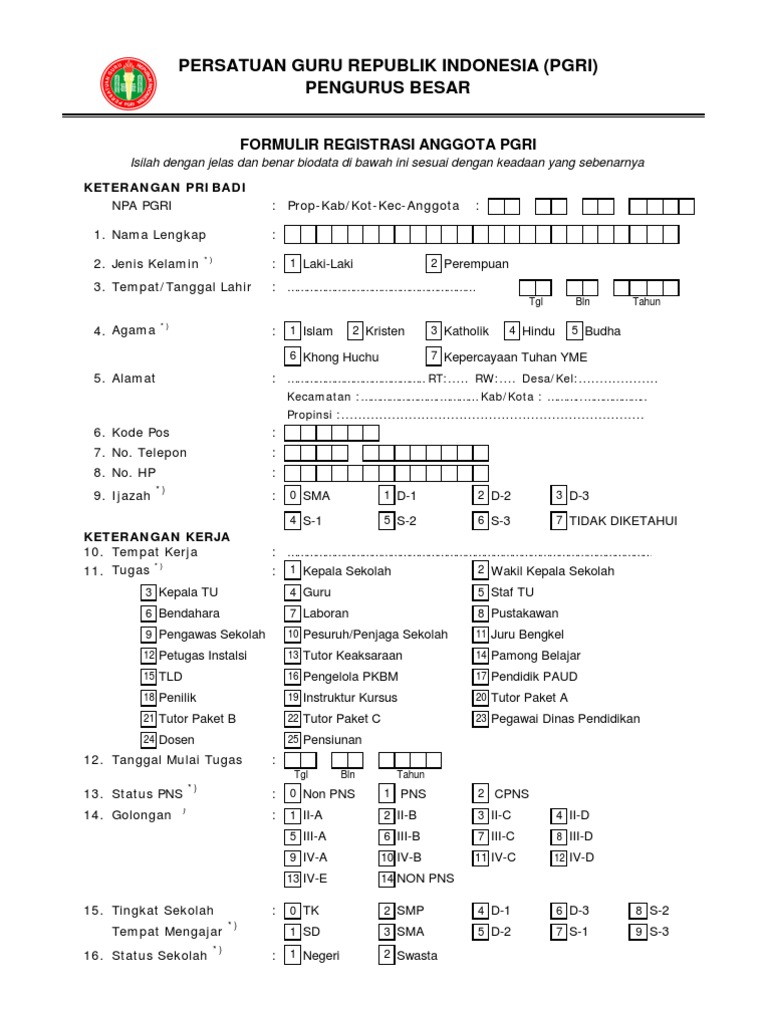 Formulir Registrasi Anggota Pgri.