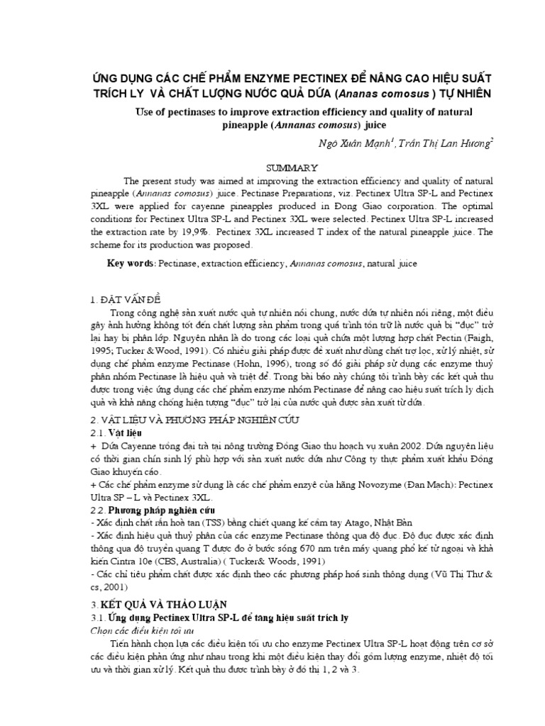 ứng dụng các chế phẩm enzyme Pectinex để nâng cao hiệu suất trích ly và chất lợng nớc quả dứa