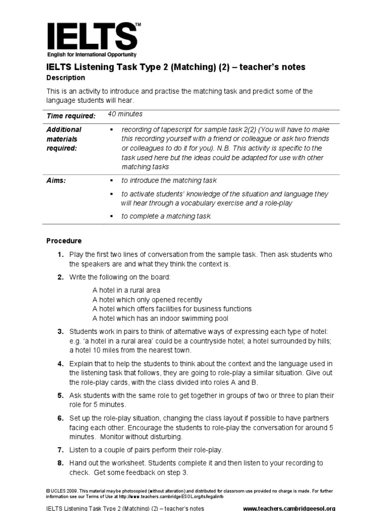 IELTS Listening Task 2 Matching 2 International English Language