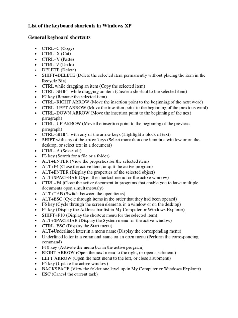 List of The Keyboard Shortcuts in Windows XP General Keyboard Shortcuts ...