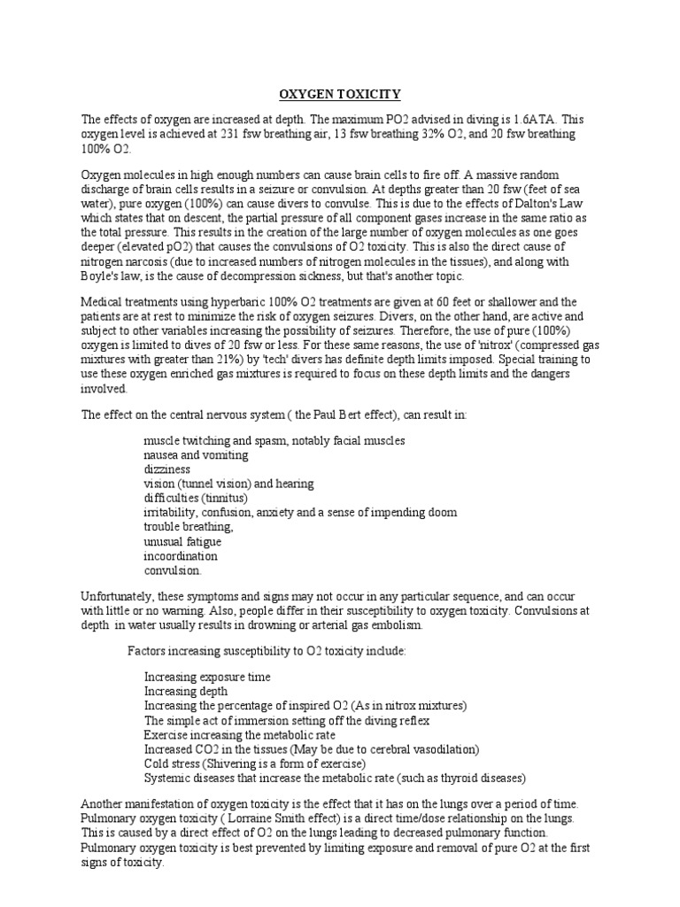 Oxygen Toxicity Signs and Symtoms PDF Scuba Diving Oxygen