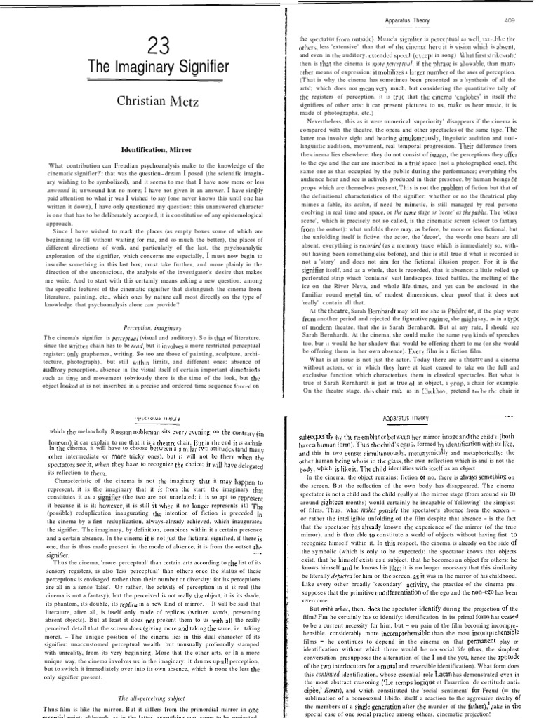 The Imaginary Signifier | PDF | Perception | Psychoanalysis