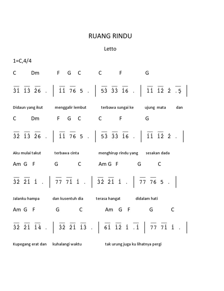 Not Angka Lagu Ruang Rindu Kumpulan Not Lagu