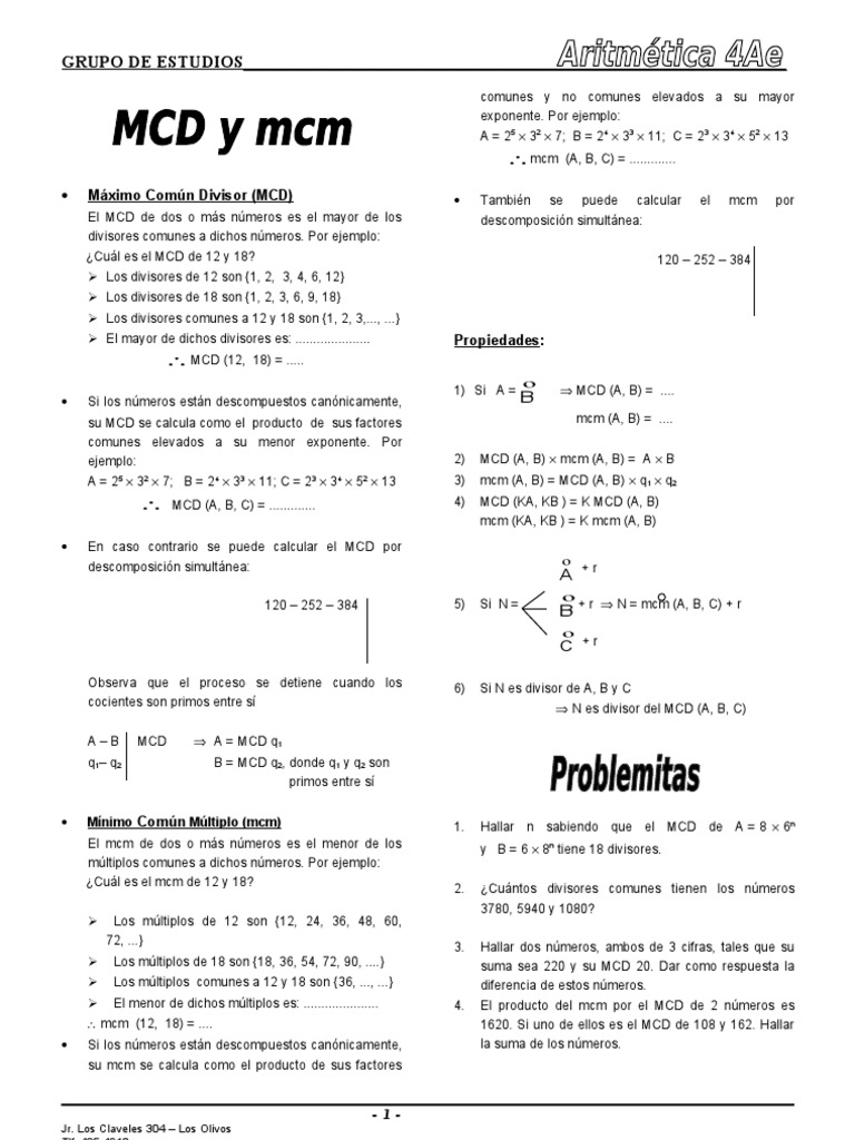 Ejemplos y Cálculo del MCD | PDF | Matemáticas discretas | Teoría de ...