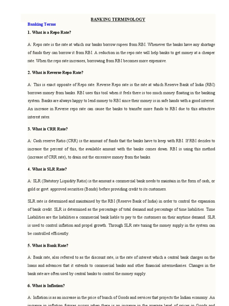 Banking Terms: Banking Terminology 1. What Is A Repo Rate? | PDF ...