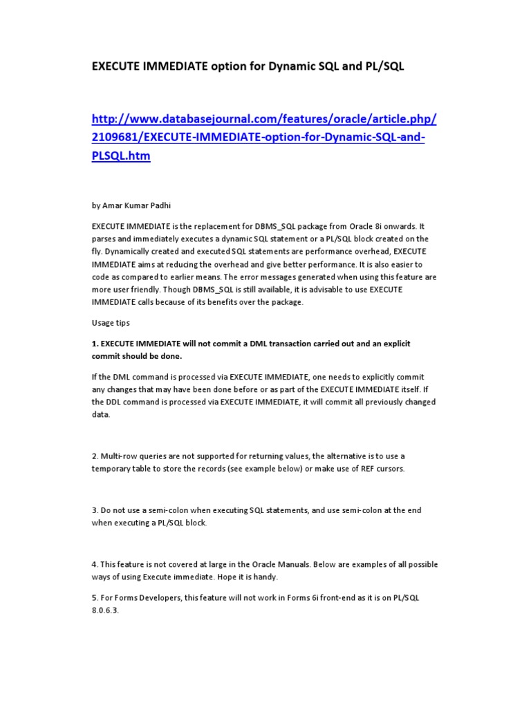 EXECUTE IMMEDIATE Option For Dynamic SQL and PL PDF | PDF | Pl/Sql | Sql