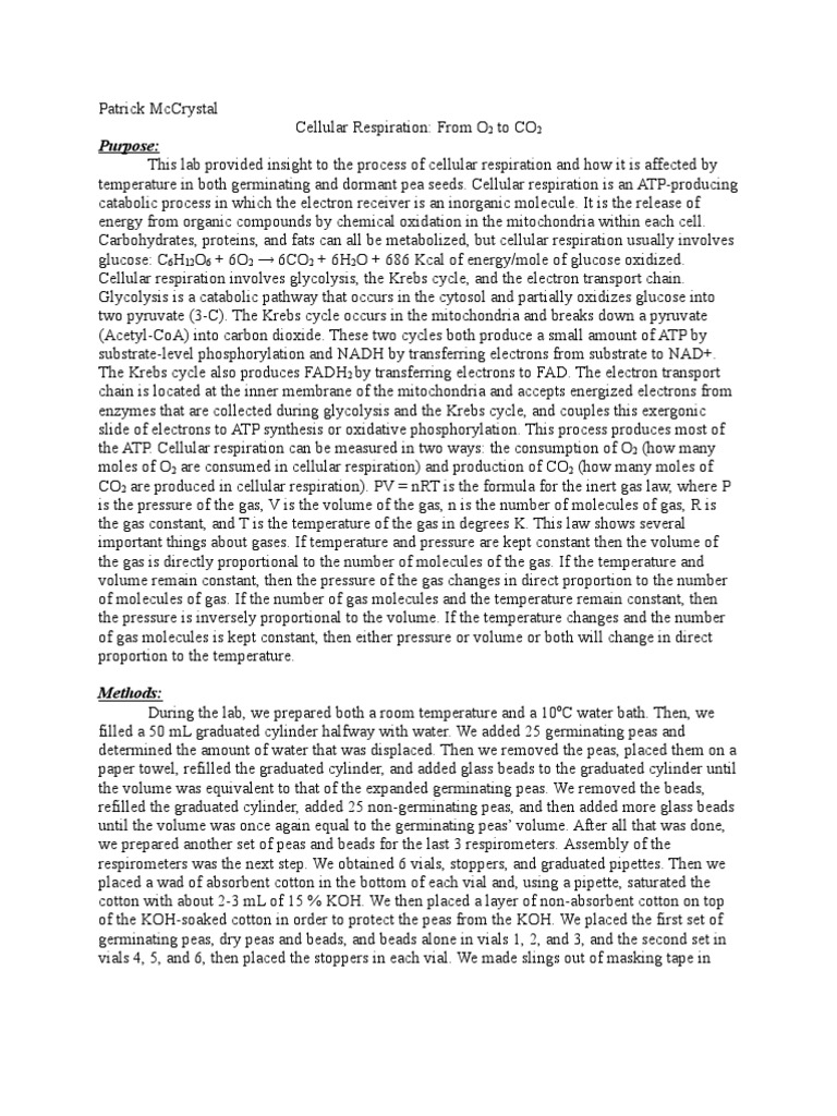 AP Biology Cellular Respiration Lab Report Cellular Respiration