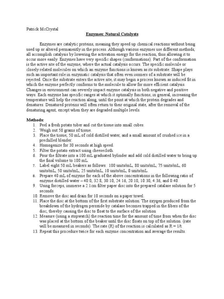 AP Biology Enzyme Lab Report PDF Catalysis Active Site