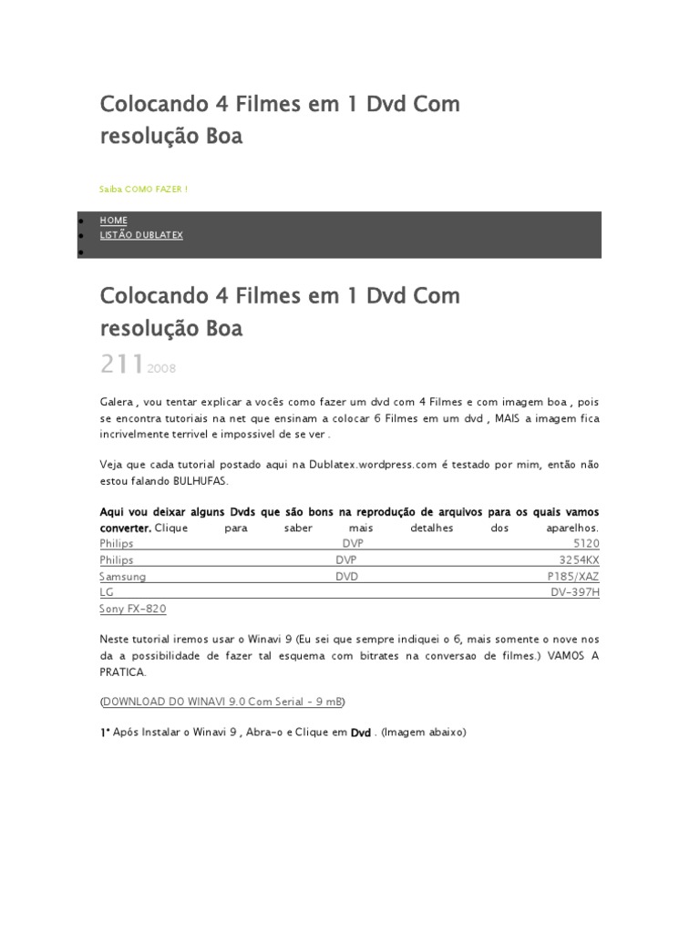 Colocando 4 Filmes em 1 DVD Com Resolução | PDF | Codec | Vídeo