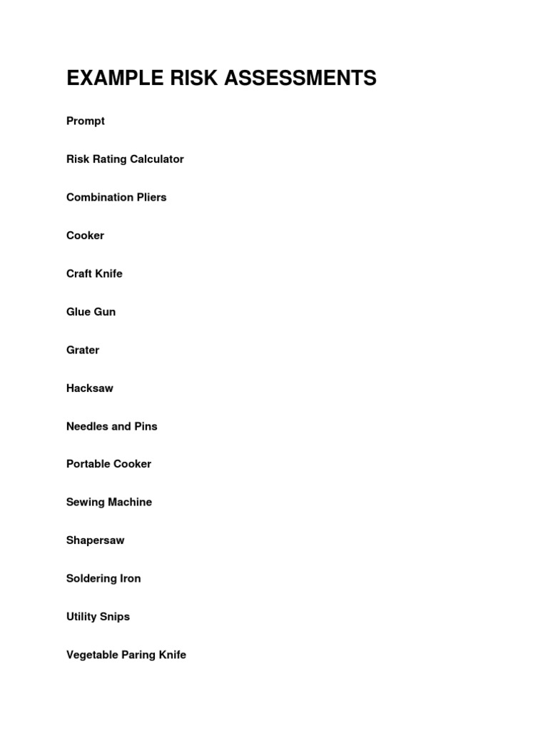 Example Risk Assessments Prompt PDF Knife Risk
