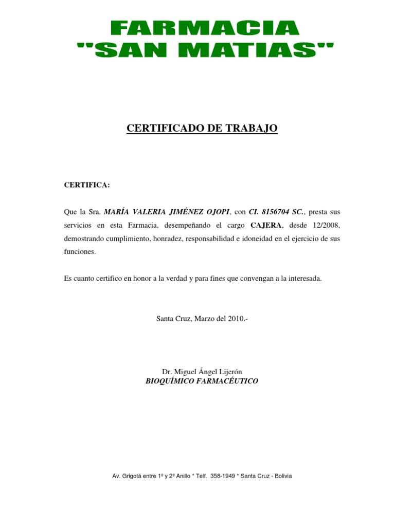 Certificado Trabajo Farmacia