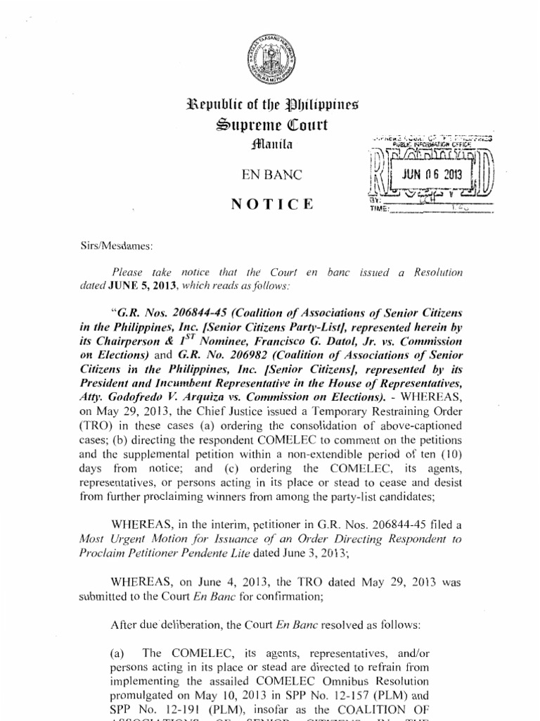Status Quo Ante Order in the Senior Citizens PL Petitions with Separate