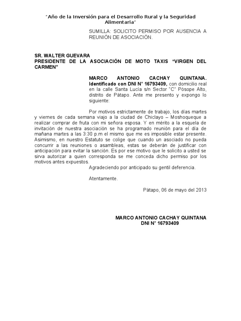 Solicito Permiso Asociacion De Mototaxis Pdf