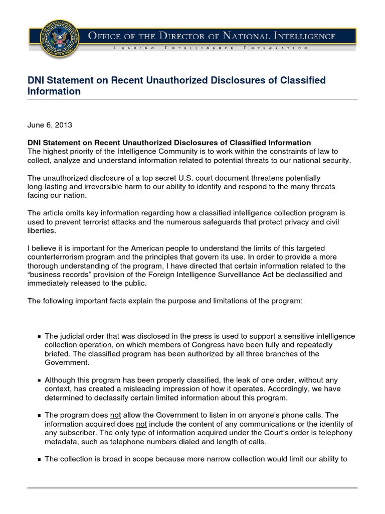 DNI Statement On Recent Unauthorized Disclosures of ...
