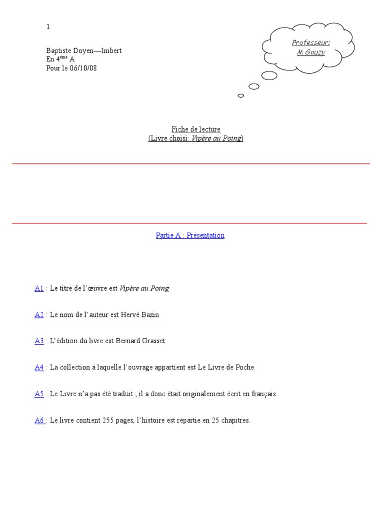 Résumé Vipère Au Poing Par Chapitre Vipère Au Poing (Fiche de Lecture) | PDF