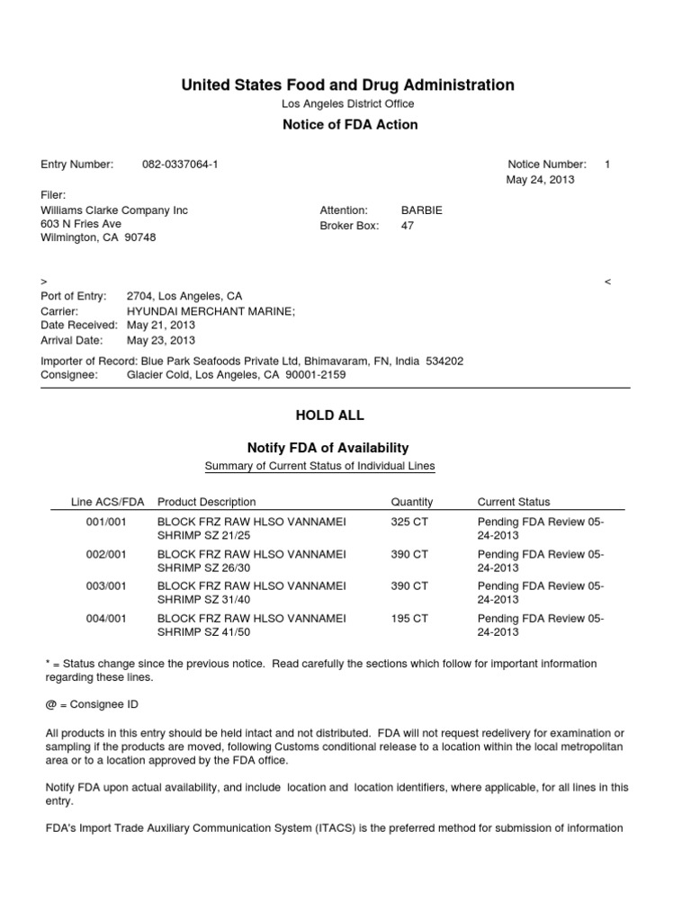 FDA Action Notice for Shrimp Import | PDF