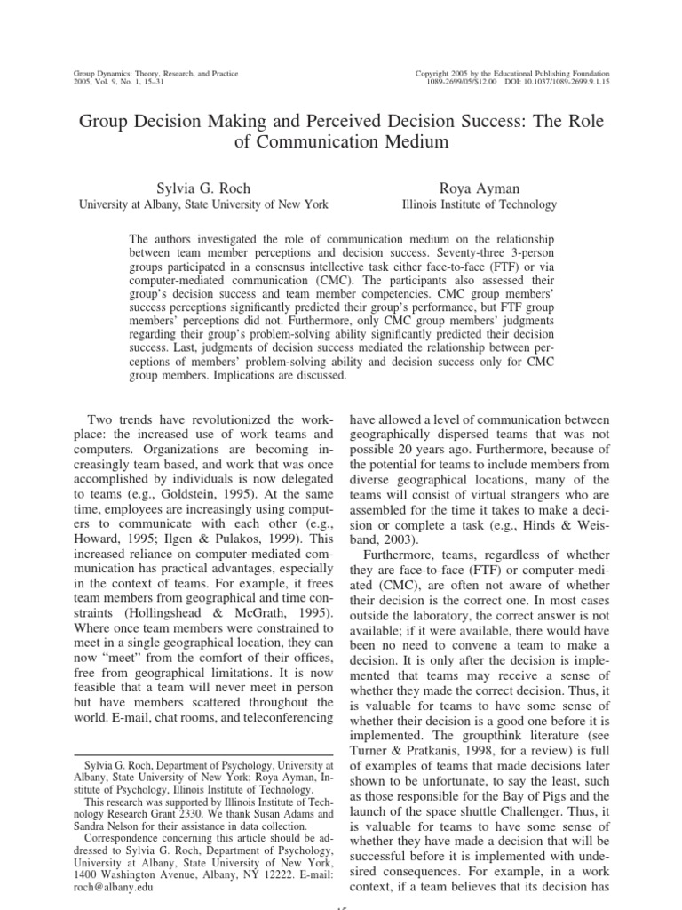 Group Decision Making and Perceived Decision Success - The Role | PDF