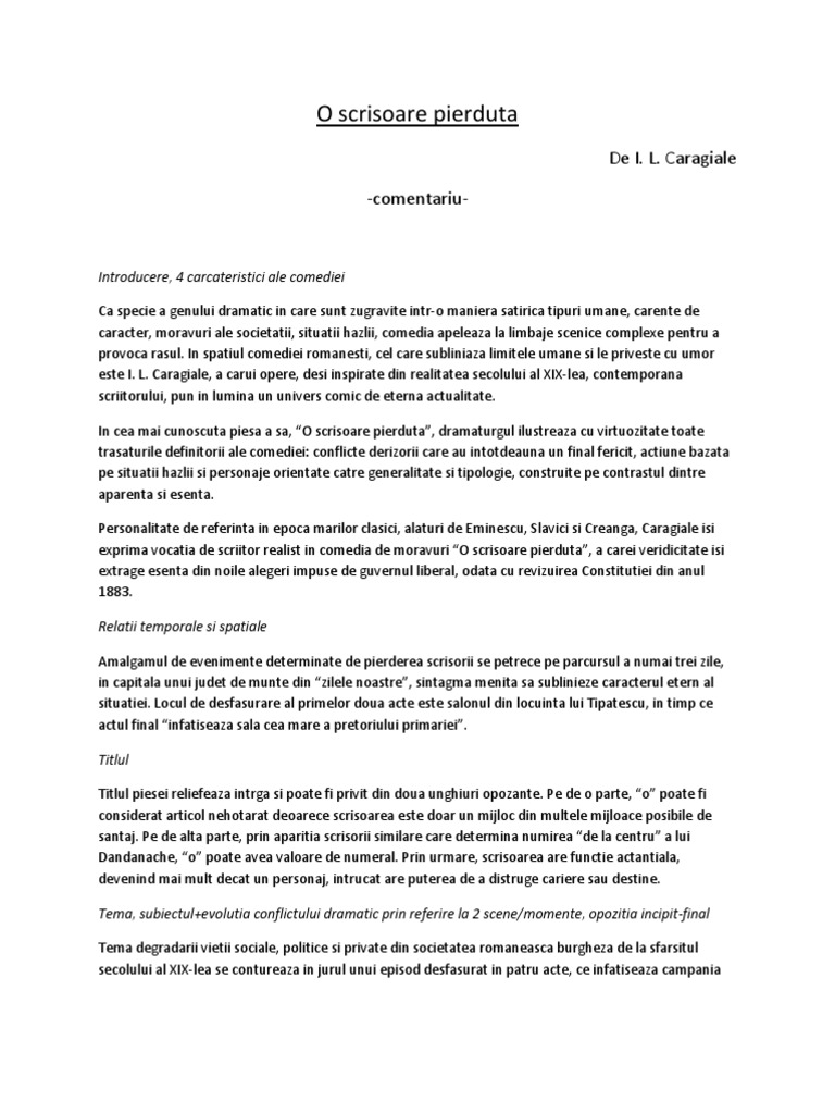 O scrisoare pierduta: De I. L. Caragiale -comentariu