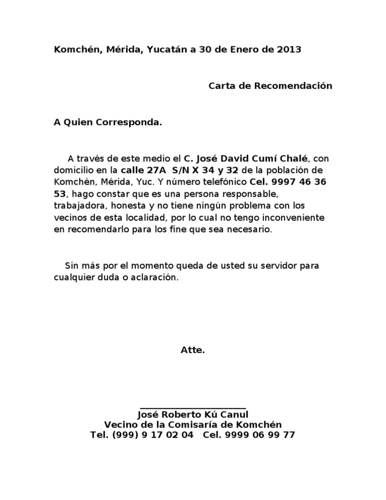 Carta De Referencia Personal Pdf