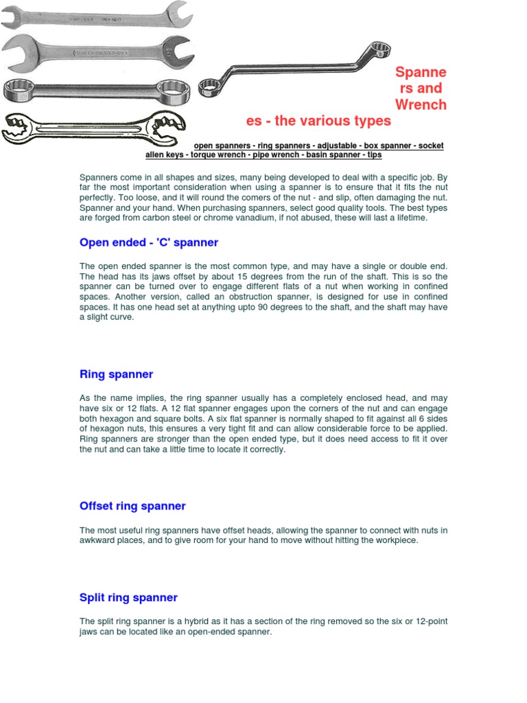 Types of Spanners and Wrenches Guide | PDF | Mechanical Engineering ...