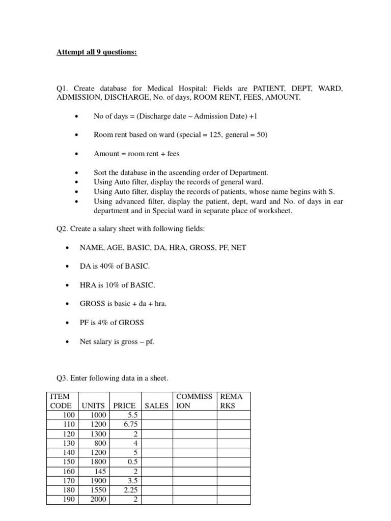 Practice Questions Spreadsheet Formula