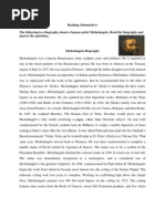 Reading (Summative) The Following Is A Biography About A Famous Artist Michelangelo. Read The Biography and Answer The Questions