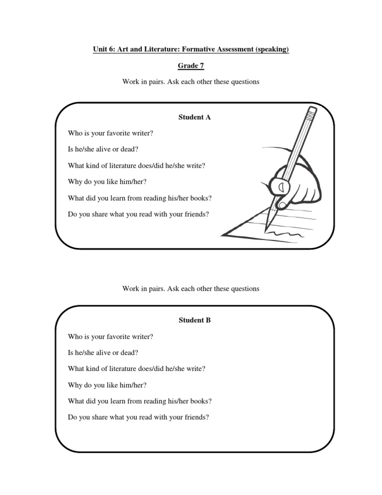 Unit 6: Art and Literature: Formative Assessment (Speaking) Grade 7 | PDF