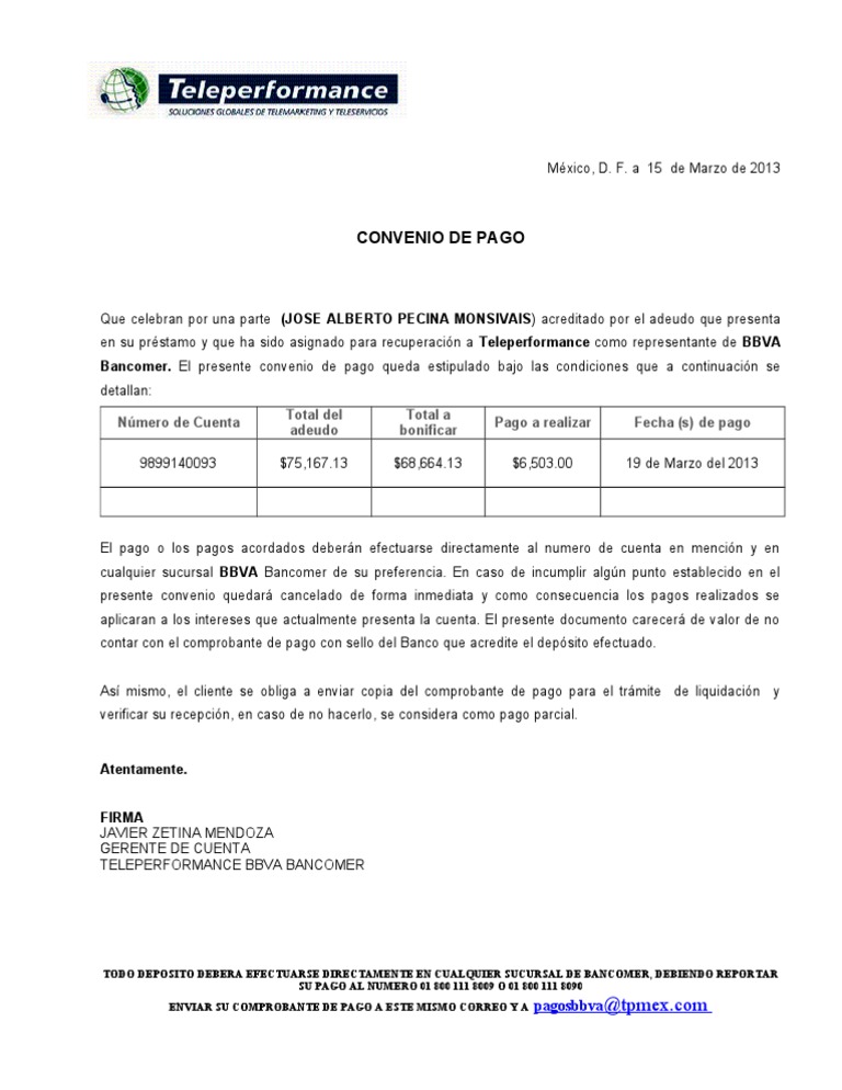 Formato de Convenio de Pago