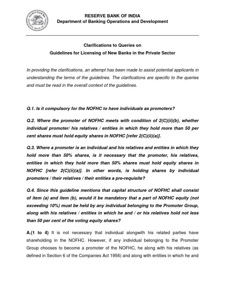 Guidelines For New Private Sector Banks Non Bank Financial