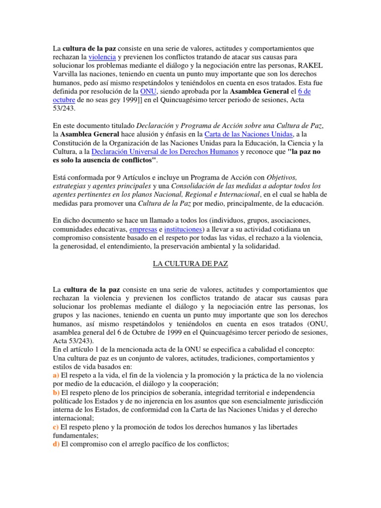 Valores para una Cultura de Paz | PDF | Naciones Unidas | Relaciones ...