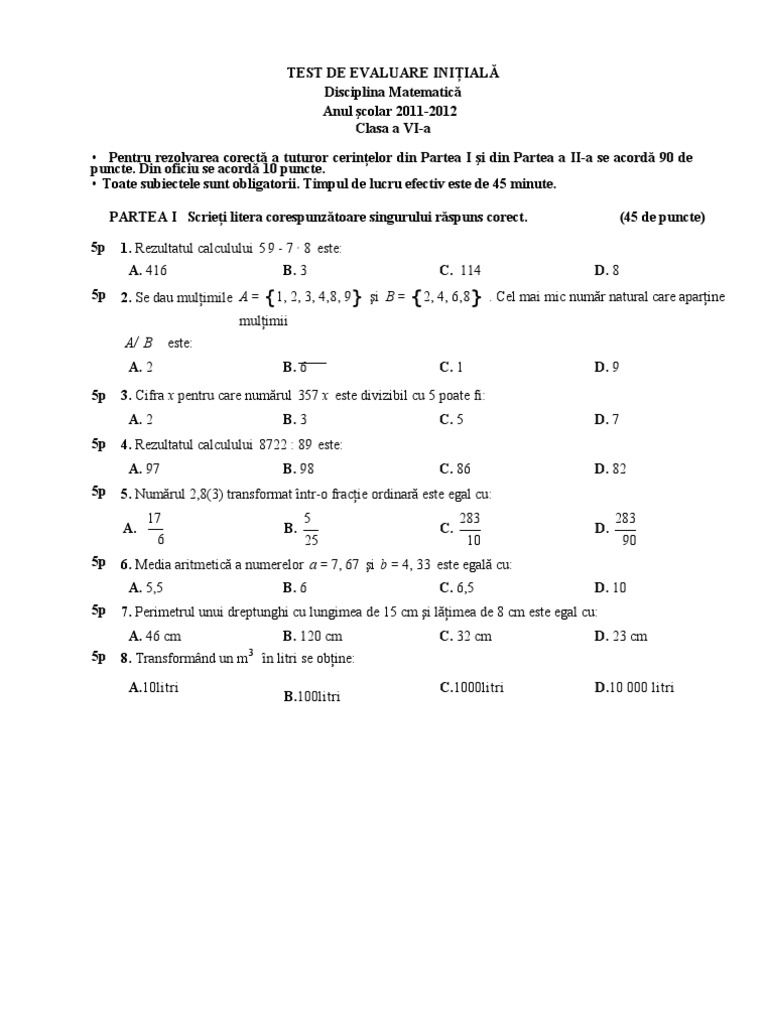 Test Initial Clasa A 6 A Matematica