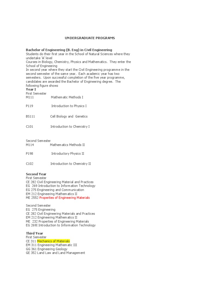 Civil Engineering Course Structure at UNZA | PDF