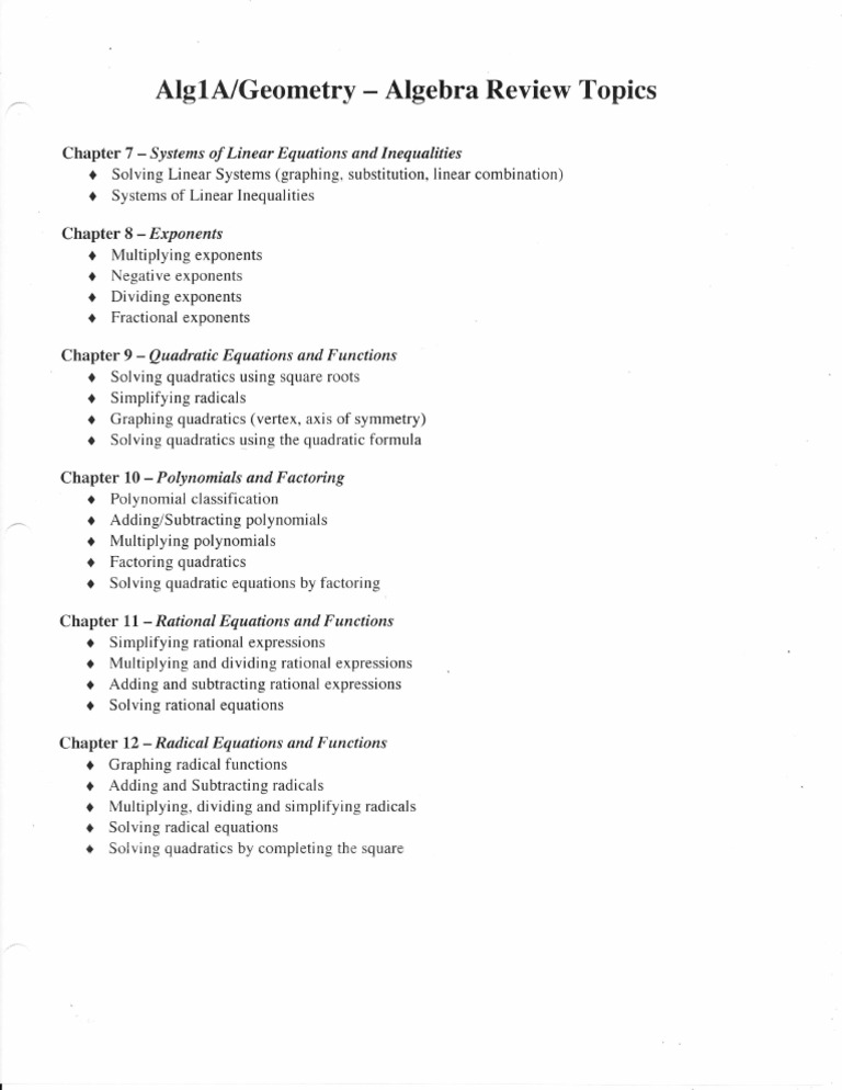 Algebra Final Review Topics | PDF